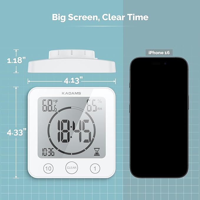 KADAMS Shower Clock Waterproof Bathroom Timer – Digital Wall Clock with Countdown, Magnetic Kitchen Clock with Temperature & Humidity, Suction Cup for Kids Shower Spa Sauna Cook Bath, White