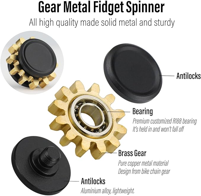 FREELOVE Gear Metal Fidget Spinner Toys for Adults, Small Mini Tiny Pockget Figette, Bike Chain, Copper Brass Hands Gyro, Quiet Silent Cool Cube for Anxiety Men (1 Gear, Black-Brass)