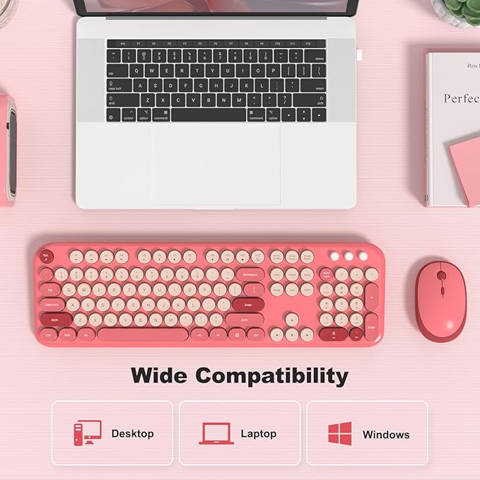 Wireless Keyboard and Mouse Combo, MOWUX Full Size Typewriter Retro Round Computer Keyboard, Cute Optical Mouse Wireless, Plug and Play, for Laptop, PC, Computer- Valentine's Rose