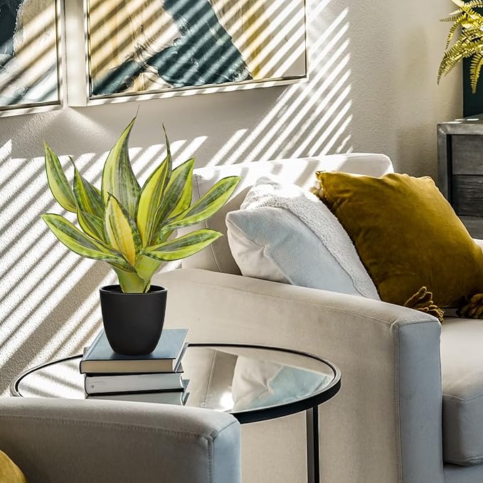 Fake Plant 11.22 Inch Fake Snake Plant Artificial Plants Indoor Sansevieria Faux Plants with Black Pot Artificial Snake Plant for Living Room Bathroom Office Table Centerpieces Shelf Home Decor