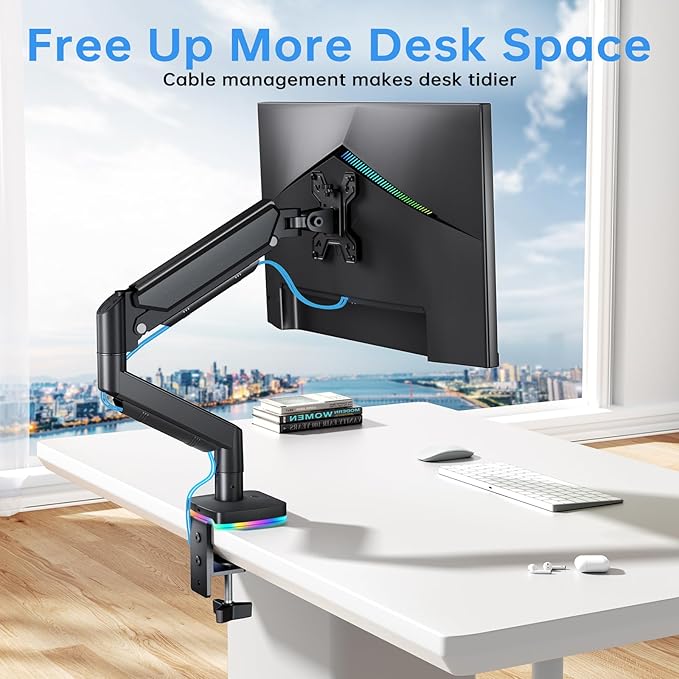 RGB Single Monitor Arm Desk Stand Gas Spring Computer Adjustable Monitor Mount for 13-32 inch Screens with RGB USB & USB-C High Speed Data Transfer C Clamp & Grommet Bases 75x75/100x100 VESA