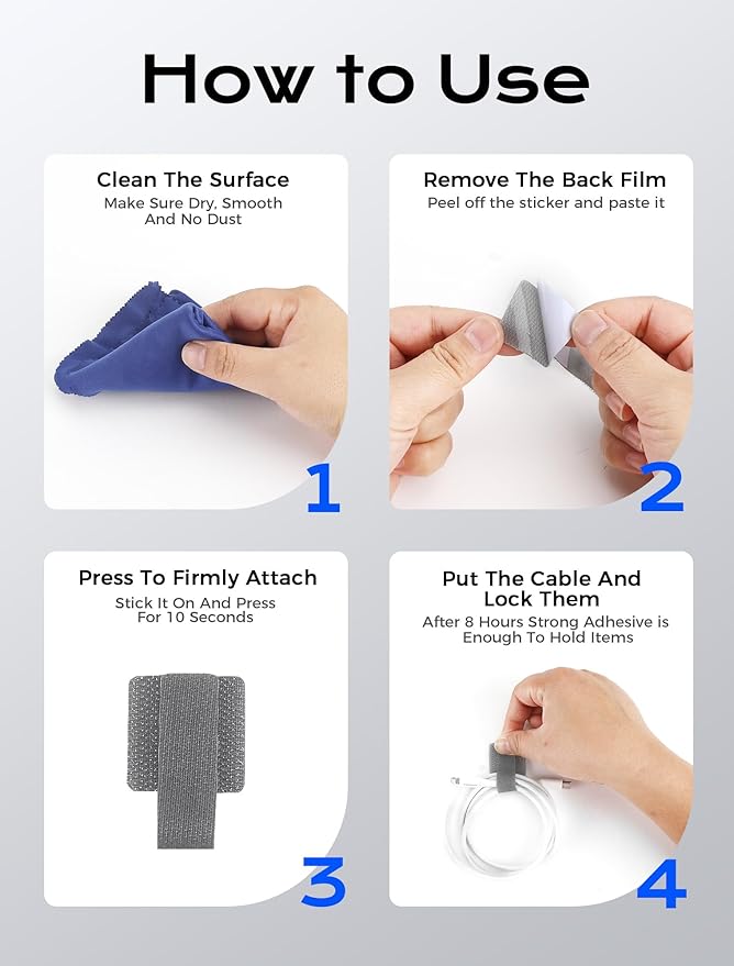 100pcs Hook and Loop Cable Ties, gliship Adhesive Wire Management, Adjustable Cable Straps Cord Wrappers Keeper Cord Holder, Sticky-Back Cord Organizer for Kitchen Appliances at Office, Home - Grey