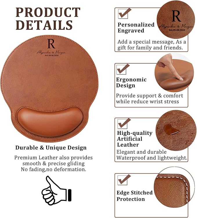 Personalized Leather Custom Mouse Pad with Wrist Rest,Customized Mouse Pads for Desk,Perfect Gift for Weddings, Anniversaries, Birthdays,and Special Occasions (D (Silver-Round with Wrist Rest))