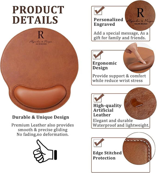Personalized Leather Custom Mouse Pad with Wrist Rest,Customized Mouse Pads for Desk,Perfect Gift for Weddings, Anniversaries, Birthdays,and Special Occasions (D (Silver-Round with Wrist Rest))
