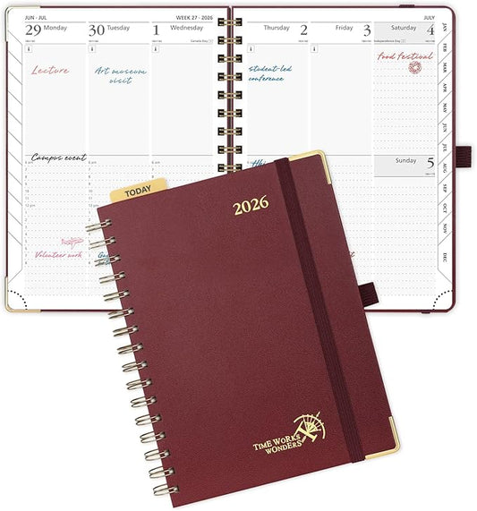POPRUN 2026 Planner (Medium Size 8.5'' x 6.25'' Wire-Bound Hard Cover) Daily Weekly and Monthly Calendar - Agenda 2026 (Jan.2026-Dec.2026) with Hourly Schedule, Monthly Tabs - Burgundy
