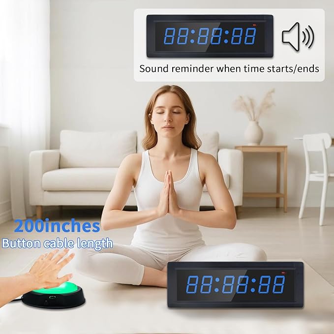 Gym Timer Clock with Remote Control & Wired Start/Stop Button,7 RGB Color, Programmable Interval Timer, Countdown/Up Stopwatch,Wall Clock for Home Gym Garage,Portable Training Accessories