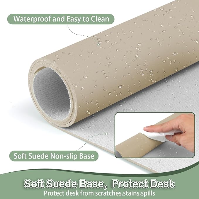 Boutilon Leather Desk Pad Protector,Non-Slip Mouse Pad,Laptop Desk Pad,Office Mouse Mat,Waterproof Leather Desk Blotter,Desk Writing Pad for Office and Home (XXXL-Beige,47"x 24")