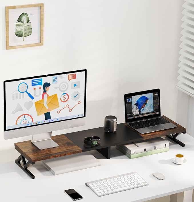 Dual Monitor Stand Riser, Large Wood Monitor Riser for 2 Monitors, Monitor Lift with Storage for Desk, Sturdy Wood&Steel Multi Screen Stand, Desktop Organizer Monitor Stand for Computer