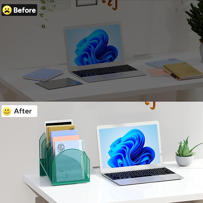 5-Section Desk File Organizer, Metal Mesh Folder Organizer for Documents, Mail & Office Papers (Green)