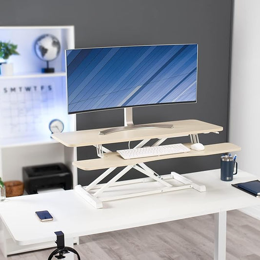 VIVO 42 inch Desk Converter, K Series, Height Adjustable Sit to Stand Riser, Dual Monitor and Laptop Workstation with Wide Keyboard Tray, Light Wood Top, White Frame, DESK-V042KF