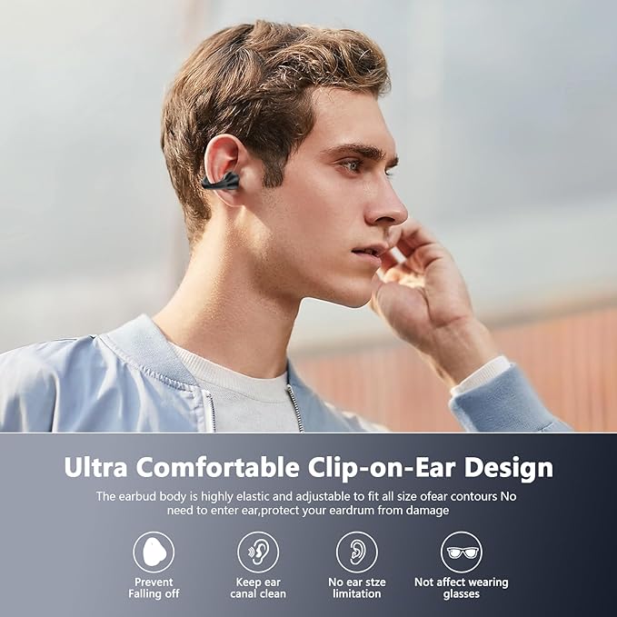 Open Ear Bone Conduction Headphones Bluetooth 5.3 Clip On Earbuds with Digital Display Charging Case 60 Hours Playtime Sport Earphones Built-in Mic IPX7 Waterproof for Running Fitness Black