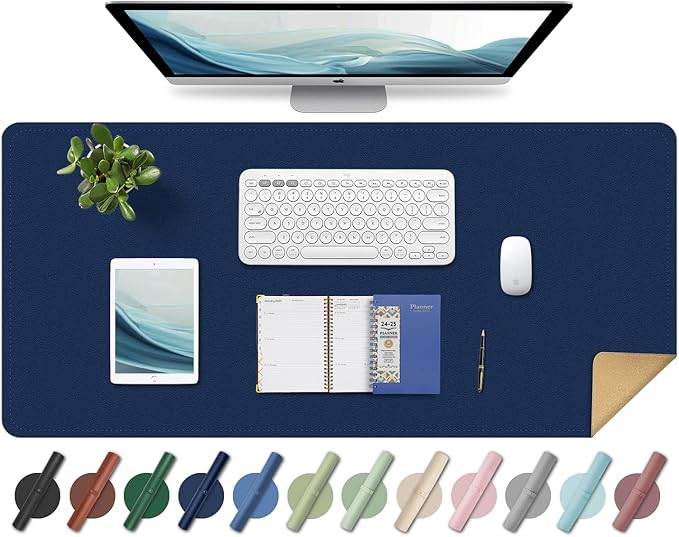 Large Desk Pad 35.4" x 17", Non-Slip Desk Mat with PU Leather & Natural Cork, Waterproof Writing Desk Natural Cork, Computer Mat Desk Protector for Office Home, Dark Blue