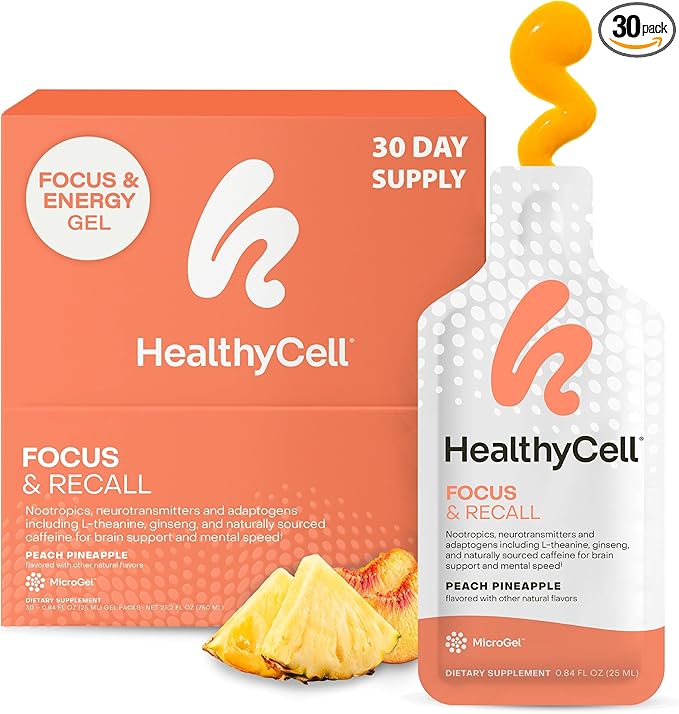 Healthycell Focus & Recall, Daily Liquid Brain Supplement for Focus & Memory - Nootropics Supplement for Concentration & Alertness with L-Theanine, Omega-3 & Taurine - 30 Gel Packs