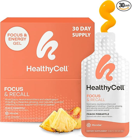 Healthycell Focus & Recall, Daily Liquid Brain Supplement for Focus & Memory - Nootropics Supplement for Concentration & Alertness with L-Theanine, Omega-3 & Taurine - 30 Gel Packs