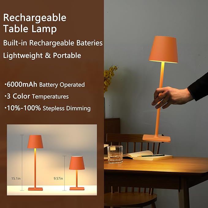 Orange Cordless Table Lamp Set of 2-3 Way and Stepless Dimmable - for Restaurant Dining Bedroom Home Bar