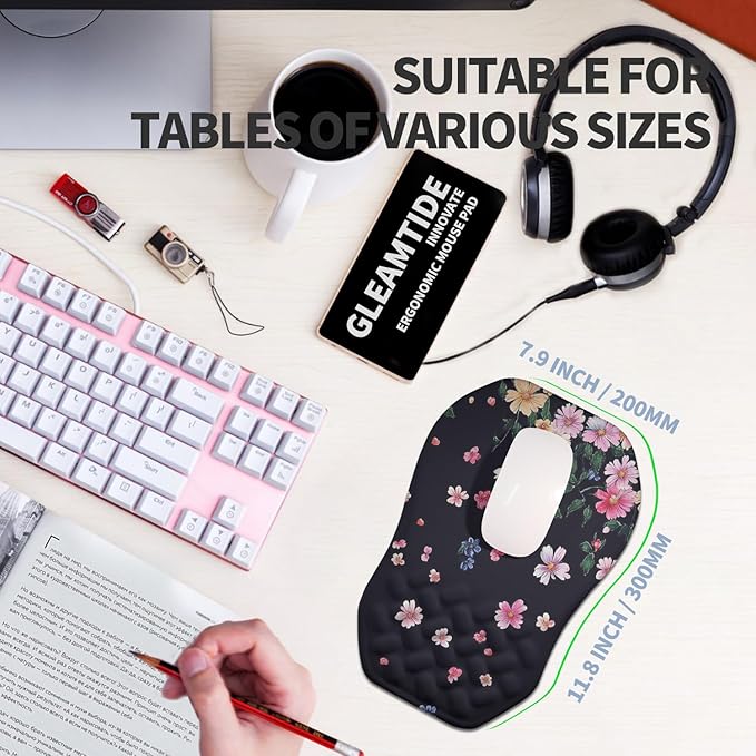 Ergonomic Raised Mouse Pad Wrist Support with Bilateral Slope Memory Foam Mousepad for Wrist Rest and Carpal Tunnel Pain Relief 11.8x7.9〃Flowers Bloom and Fade
