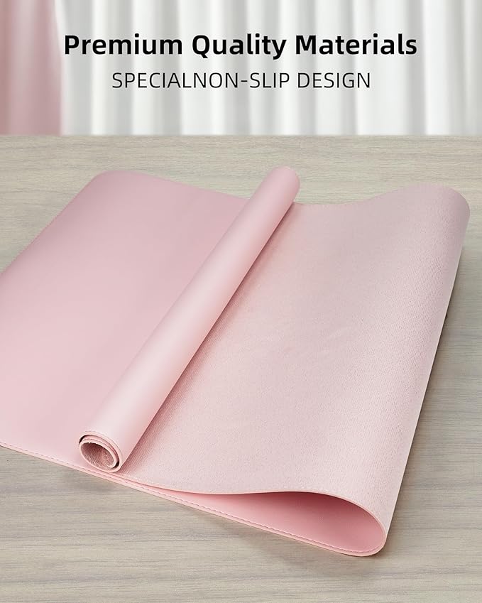 PU Leather Desk Mat Protector - 55"x17" Large Non-Slip Office Desk Pad, Waterproof Keyboard & Mouse Pad, Premium Workstation Cover for Home & Office (Light Pink)