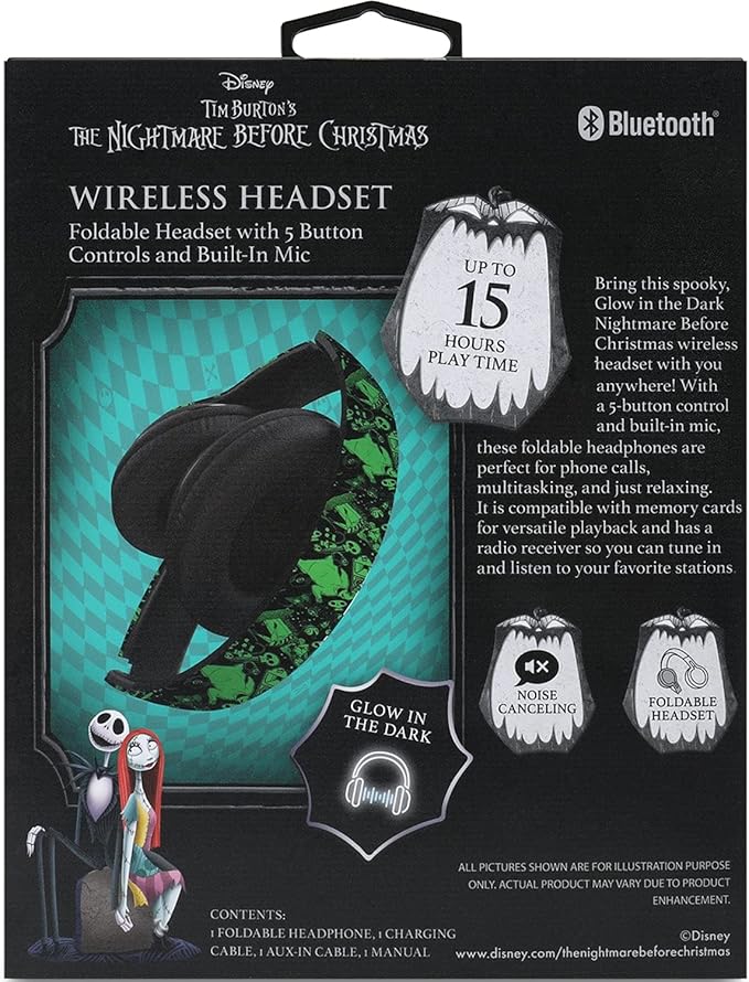 iJoy Disney Nightmare Before Christmas Glow in The Dark Bluetooth Headphones Over Ear, Wireless and Wired Foldable Headset Built-in Microphone - Tim Burton Jack Skellington & Sally - Adults Kids
