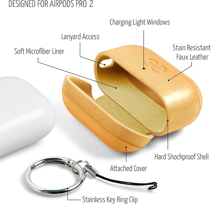 Dreem Om Case Cover with Keychain Clip Compatible with AirPods Pro 2/Pro, Protective One-Piece Hard Shell, Luxury Vegan Leather AirPod Pro Case 2nd/1st Generation with Separate Clip [Gold]