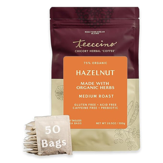 Teeccino Hazelnut Roasted Herbal Tea - Caffeine Free, Prebiotic, 3x More Herbs - 50 Tagless Eco-Friendly Tea Bags