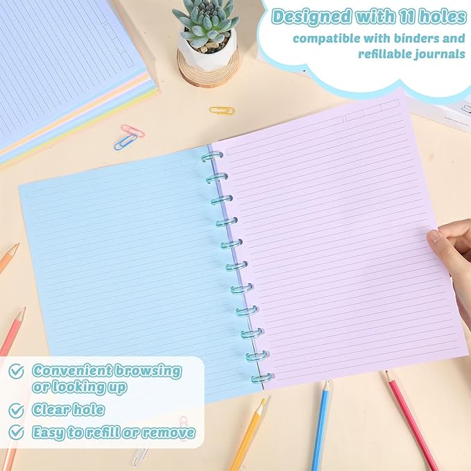 gisgfim 300 Sheets Letter Size Discbound Lined Refill Paper 8.5 x 11 Inch College Ruled Notebooks Planner Inserts 11 Disc Discbound Loose Leaf Paper Thicken for Writing School Office Supplies(Macaron)