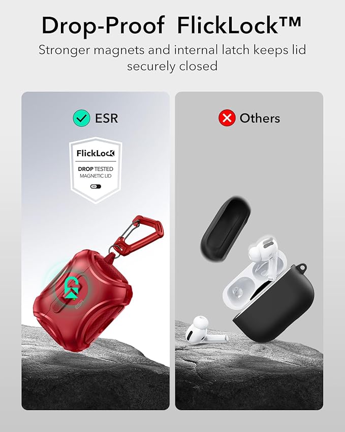 ESR for AirPods Pro 2 Case (2023/2022/2019, 2nd/1st Gen), Compatible with AirPods Pro 2nd Generation (USB-C/Lightning Cable), Effortless MagSafe, Drop-Proof Lock, Easy Open, Cyber Series,Dark Red
