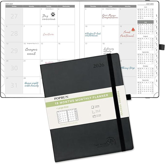 POPRUN Monthly Planner 2025-2026 (Large- 8.5" x 10.5" Soft Cover), 18-Month Calendar Book (Jul.2025-Dec.2026), Calendar Planner with Monthly Tabs & Pocket, 100 GSM Paper - Black