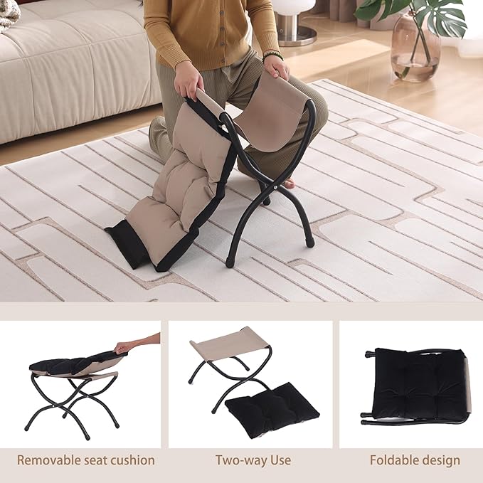 Welnow Folding Foot Stool, Upholstered Small Accent Ottoman with Detachable Thick Cotton Cushion Padded Sofa Stool and Metal Frame for Lazy Chair, Living Room, Bedroom, Black