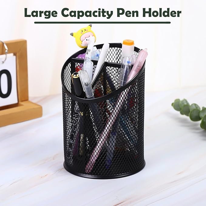 2 Pack Mesh Pencil Holder Pen Cup for Desk Round Black Pen Holder Desktop Pen Organizer 3 Compartments Pencil Organizer Desk Organizer for Office Home School