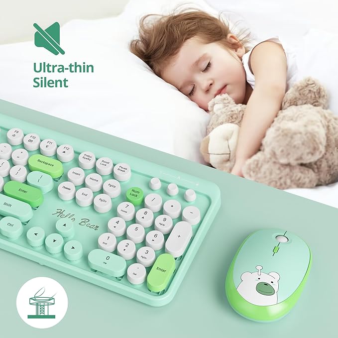 GTSP Green Typewriter Wireless Keyboard and Mouse, Office Full-Sized Colorful 2.4G Cute Aesthetic Keyboard for Computer, Laptop, PC Desktops（Green）