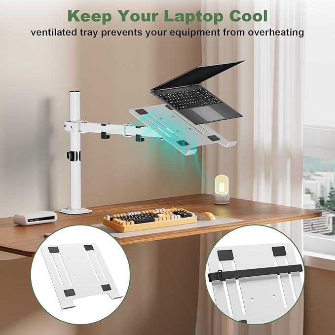 White Laptop Desk Mount with Vented Tray for Notebook up to 17 inch, Fully Adjustable Single Laptop Arm Stand Holds up to 17.6 lbs, Clamp on/Grommet Mounting