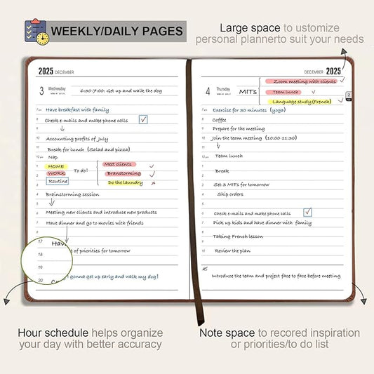 Daily Planner 2025-2026, Academic Planner 2025-2026 Weekly and Monthly Planner, Calendar Book with Hourly Schedule 8.5"x5.8", July 2025 to June 2026, Faux Leather Cover (Grey)