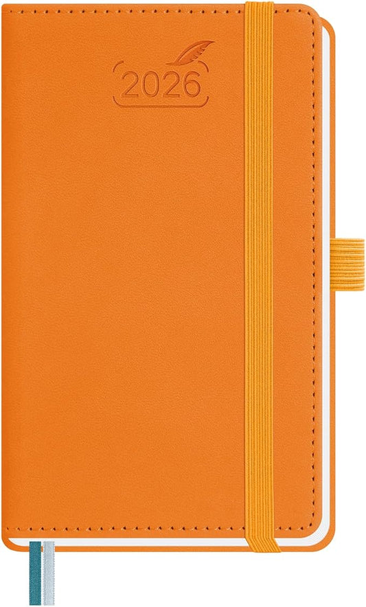 BEZEND Pocket Calendar 2026 Weekly and Monthly (3.5" x 6") Small Daily Planner for Purse (Jan-Dec) with Notes & Expenses, Inner Pocket, Pen Holder, Vegan Leather Hardcover - Orange