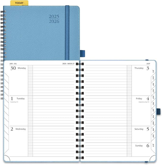 POPRUN Planner 2025-2026, Horizontal Weekly Notebook Jul.25-Jun.26 (Medium 6.75''x 8.75''), Academic Calendar Book with Monthly Tabs, Spiral Soft Cover, Inner Pocket, 100 GSM - Aquamarine