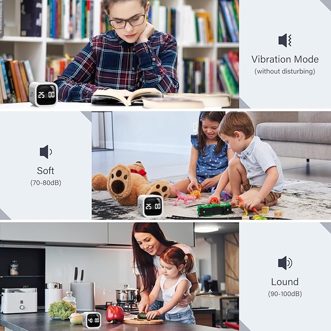 Rotating Pomodoro Timer 5, 25, 10 50 Minutes Preset, Desk Productivity Flip Timer, ADHD Tool Cube Countdown Stopwatch, Vibration/High/Low Volume/Custom Modes, for Work, Study, Back to School, White