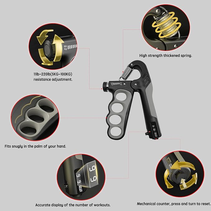 Grip Strength Trainer, Hand Grip Strengthener, Forearm Strengthener, Adjustable Resistance 11 Lbs - 220 Lbs, Ergonomic Design