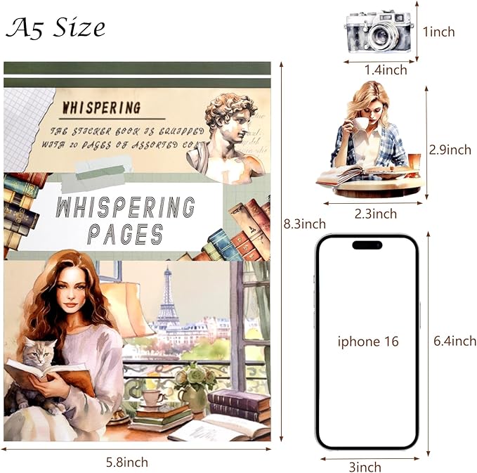 AVECMOI Reading Themed Journaling Stickers for Women, Paper & PET Aesthetic Scrapbook Sticker Book with 225 Images for Junk Journal, Planner and Collage