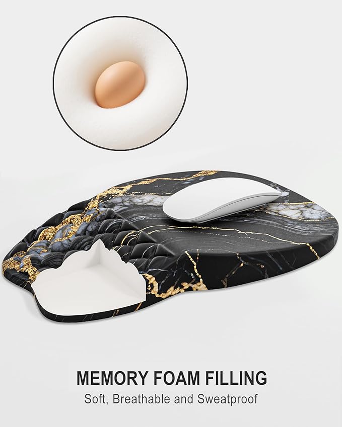 Auhoahsil Ergonomic Mouse Pad with Wrist Rest, Comfortable Slope Computer Mouse Mat with Wrist Support, Memory Foam Filling, Non-Slip Silicone Base, Pain Relief for Gaming Work, 8" x 12", Black Marble