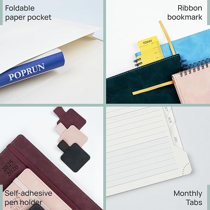 POPRUN Planner 2025-2026 Weekly Notebook (Medium 6.5''x 8.5'') Academic Calendar (JUL.25 - JUN.26) Appointment Book with Monthly Tabs, Leather Soft Cover, Inner Pocket, 100 GSM - Cerulean Blue