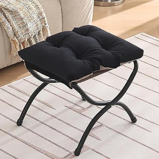 Welnow Folding Foot Stool, Upholstered Small Accent Ottoman with Detachable Thick Cotton Cushion Padded Sofa Stool and Metal Frame for Lazy Chair, Living Room, Bedroom, Black