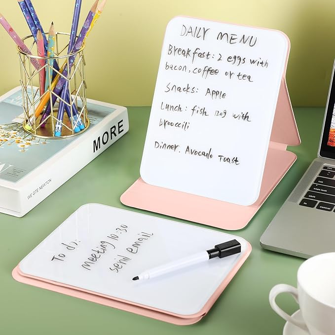 2 Pcs Small Glass Desktop Whiteboard with Reversable Stand 8 x 6 Inch Mini Dry Erase White Board Easel with 2 Markers Reusable Desk Notepad for Home Office School Supplies (Pink)