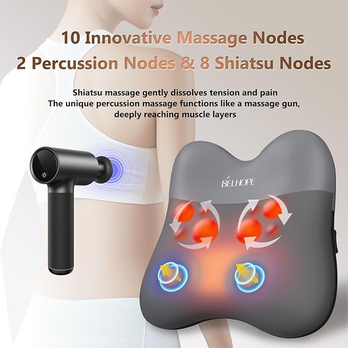 Back Massager, Shiatsu and Percussion Massage, Cordless Lower Back Massage for Pain Relief Deep Tissue, Back Massager with Heat，4D Neck Massager and Massage Pillow fror Shoulder,Grey