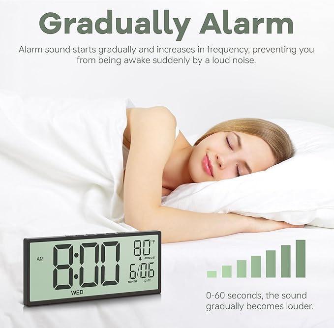 JALL 14.5" Large Digital Wall Clock Battery Operated with Big Digits LCD Screen Display, Day, Date, Alarm, Auto DST, Temperature for Living Room, Bedroom, Desk Decor, Mounted, Gift for Elderly