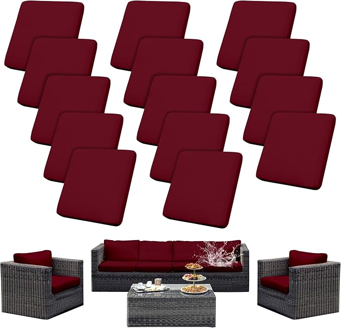 14Pcs Patio Cushion Covers Waterproof, Cushion Covers, Stretch Couch Covers, Patio Couch Slipcovers, Patio Cushion Covers Replacement, Outdoor Chair Cushion Covers (Wine red)