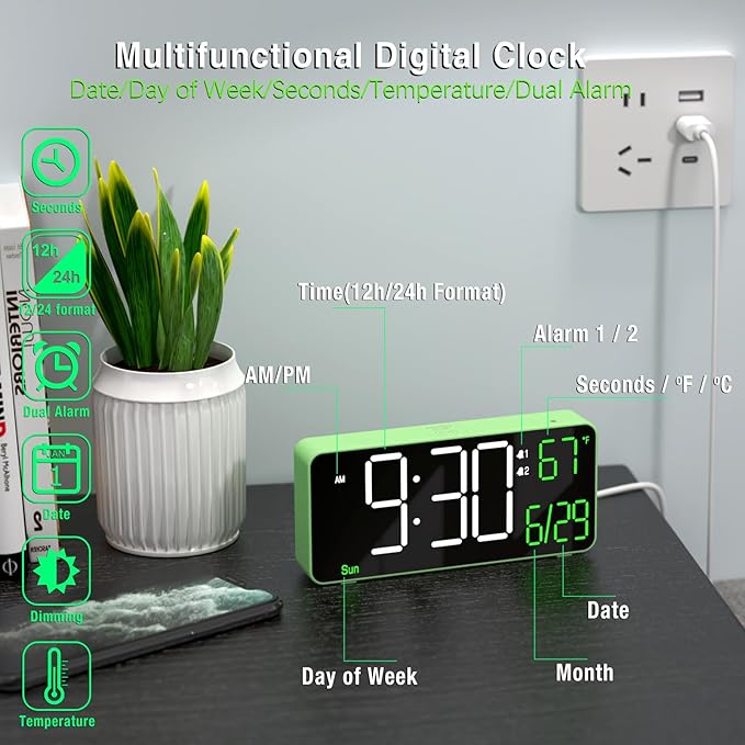 KOSUMOSU Digital Clock for Bedroom, 6.7in Desk Clock, Auto Dimming, Room Temperature, Day of The Week, Date, Seconds, Clocks for Living Room, Alarm Clocks for Bedrooms