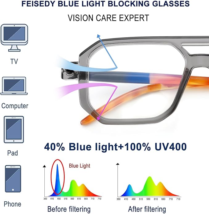 FEISEDY Vintage Square Blue Light Blocking Glasses Women Men 70s Flat Aviator Glasses Computer Anti Glare B0062