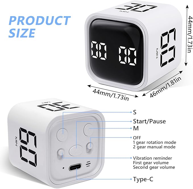 Digital Cube Productivity Timer - Rotating Pomodoro Timer with Gravireceptor 5-10-30-60 Min Custom Countdown, Vibration & Adjustable Volume for Learning, Office, Kitchen, Desk, White