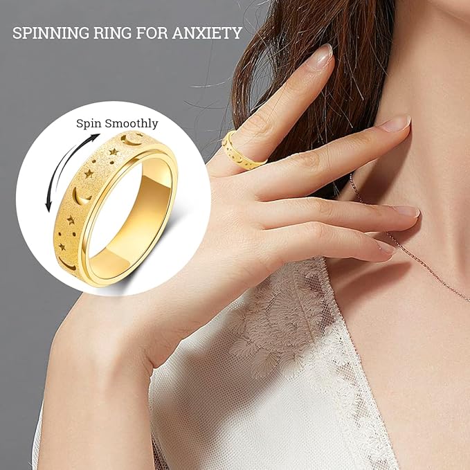 OreilleStar Anxiety Ring for Women Spinner Thumb Ring Stainless Steel Fidget Toys Adults Fidget Spinner Ring Moon Star Gold Size 10