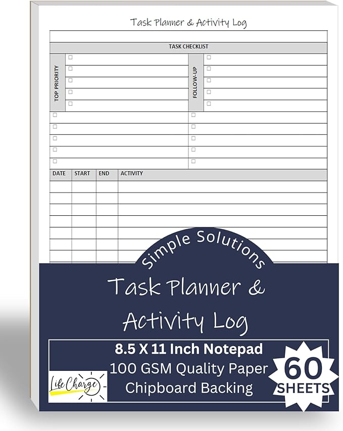 Task Planner & Activity Log Notepad – 60 Page Undated Daily & Hourly Planning Pad, To-Do List, Checklist, Track Time & Tasks, ADHD Tracker – Organize Workday, Boost Productivity – 8.5 x 11 Tear Sheets