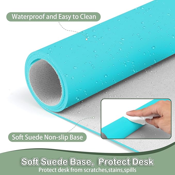 Boutilon Leather Desk Pad Protector,Non-Slip Mouse Pad,Laptop Desk Pad,Office Mouse Mat,Waterproof Leather Desk Blotter,Desk Writing Pad for Office and Home (S-Bright Blue,24"x 14")